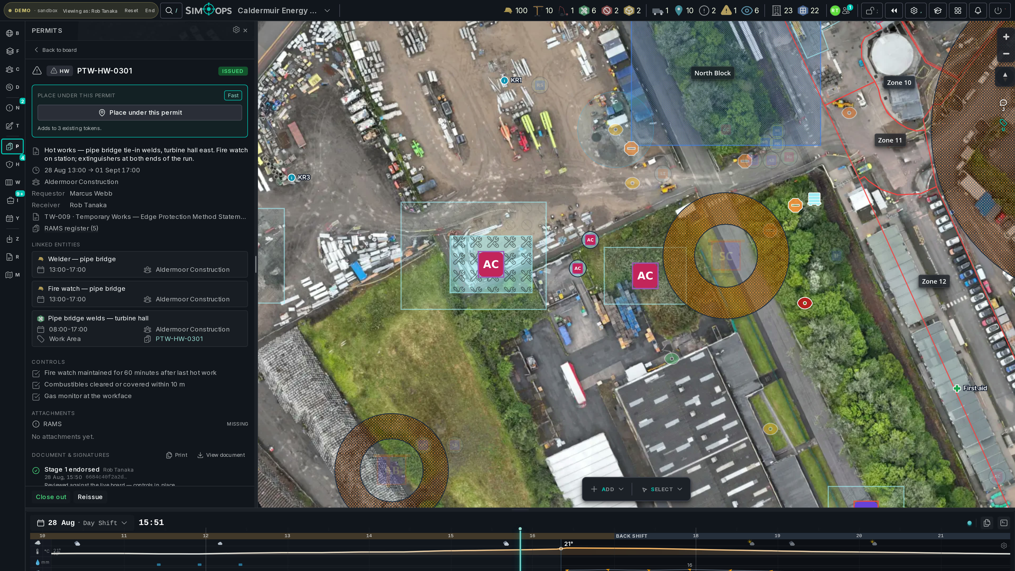 A permit driven through the board — endorse, approve, issue — with the map lens lighting up its zones