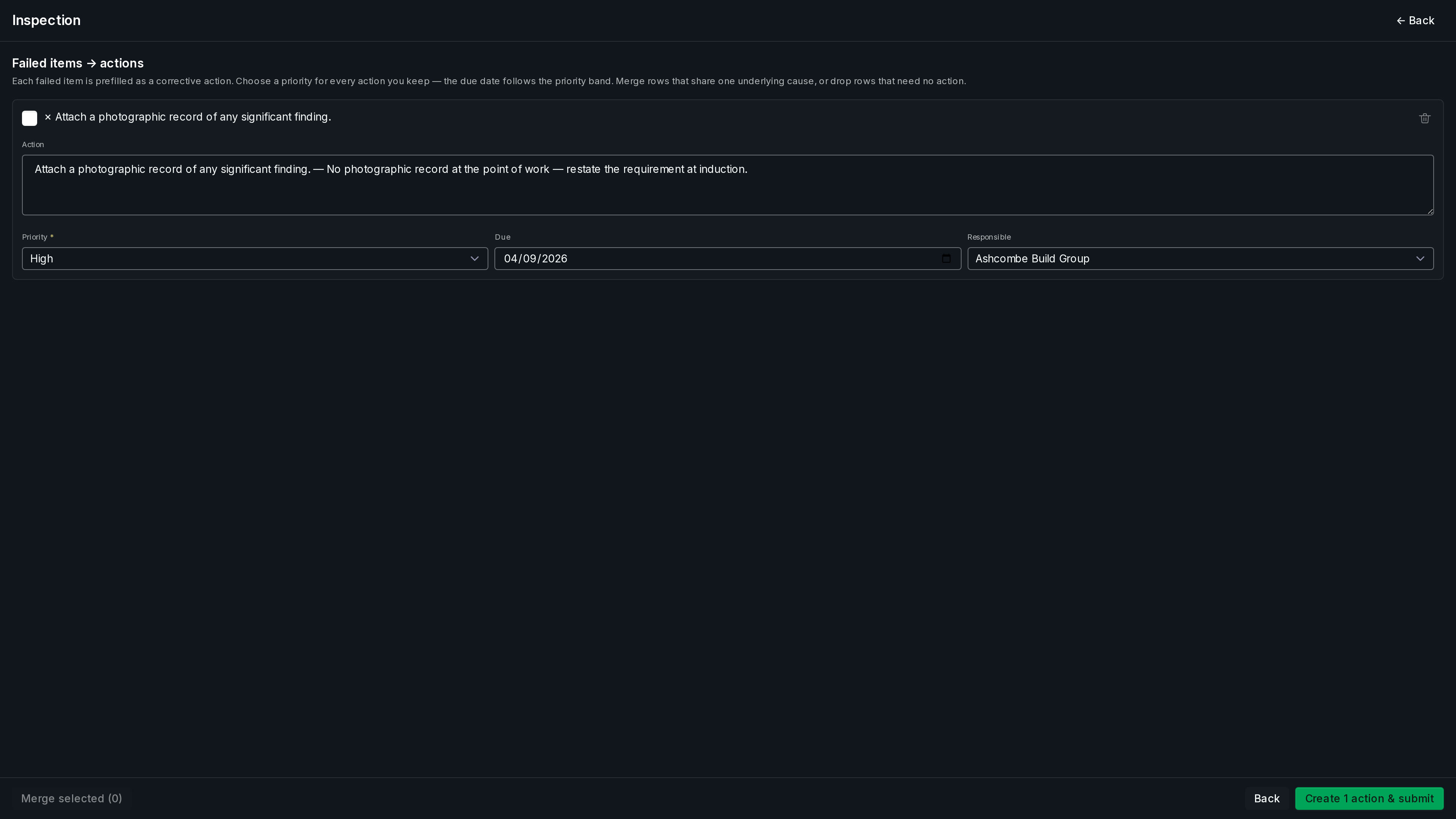 An inspection checklist run ending on a failed item minting two corrective actions