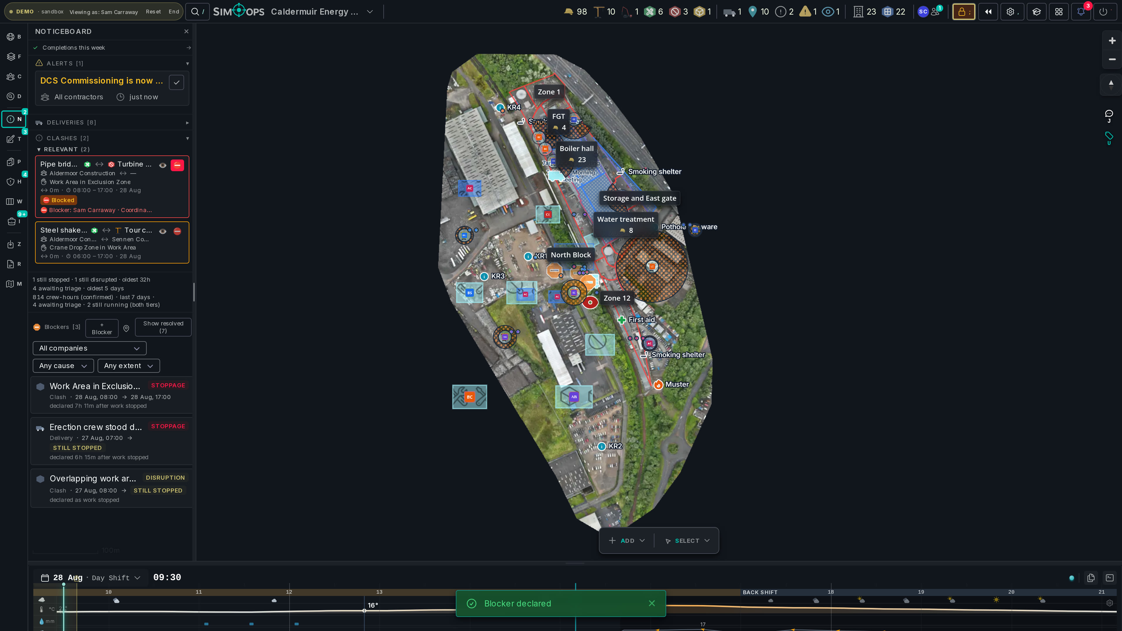 A blocker declared from a live clash, the timeline showing two overlapping windows, ending on the lost-time ledger
