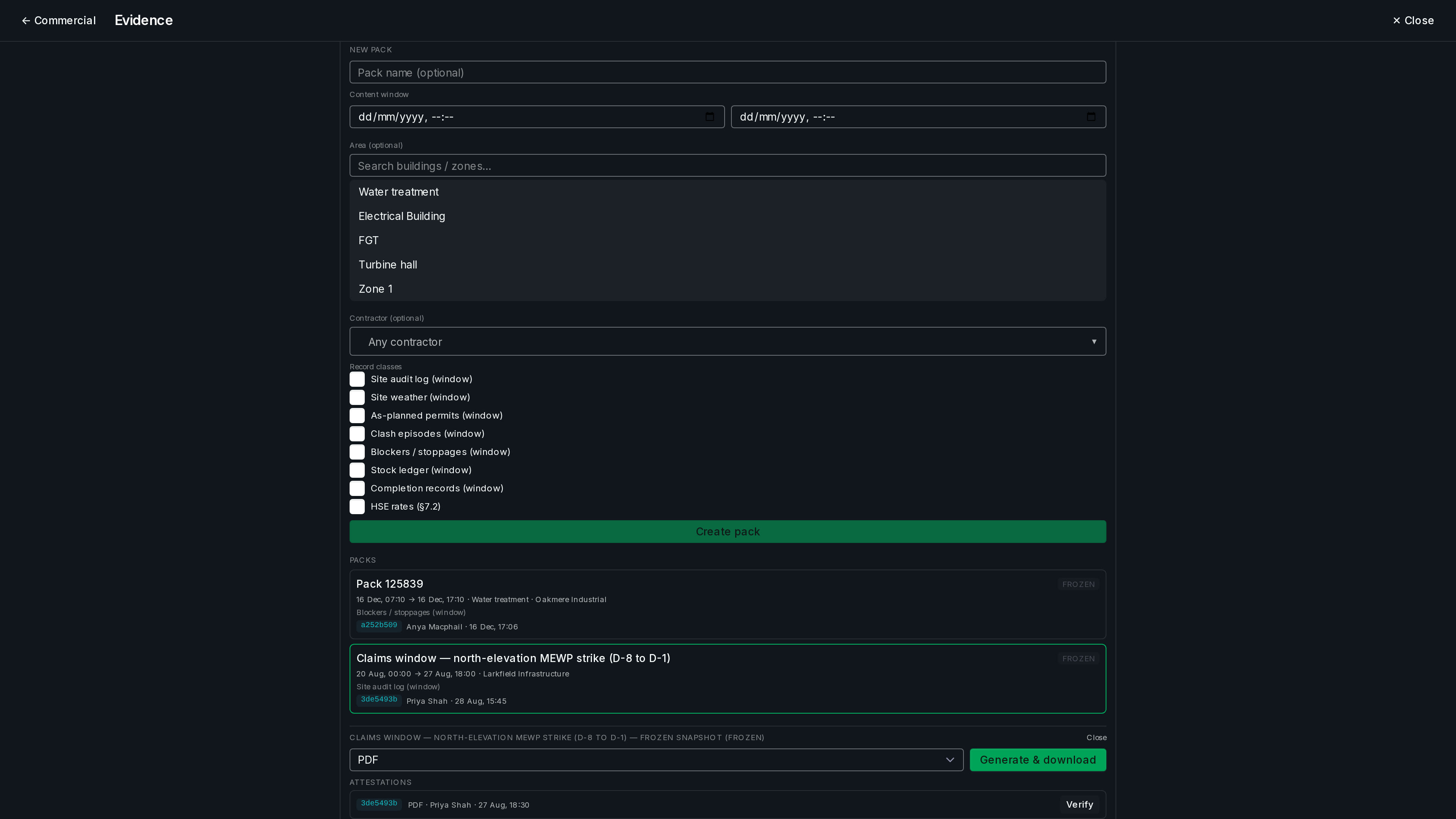 An evidence pack generated for a declared window, ending on its attestation hash