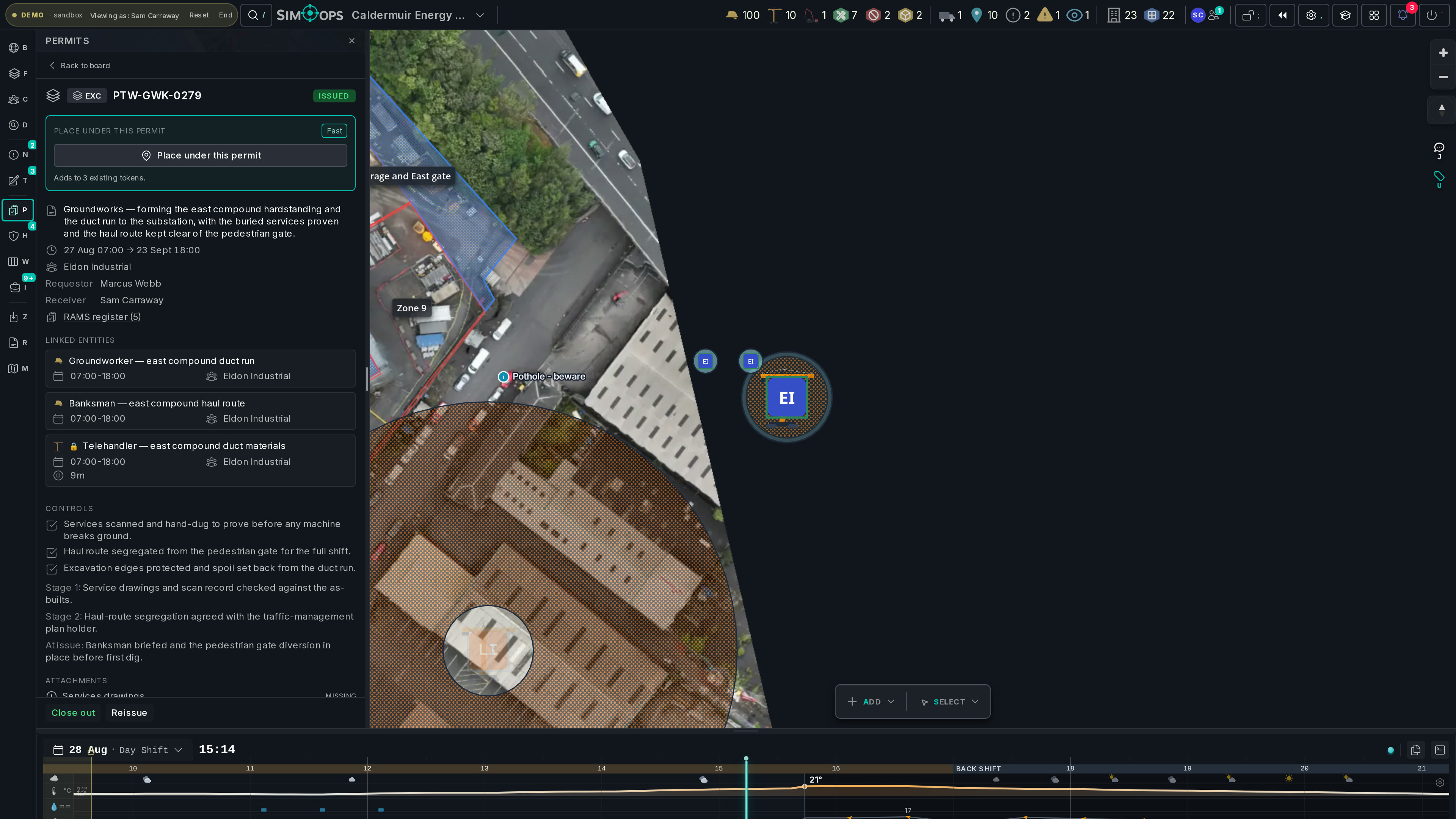 The permit board with a permit selected, its work lit up on the map