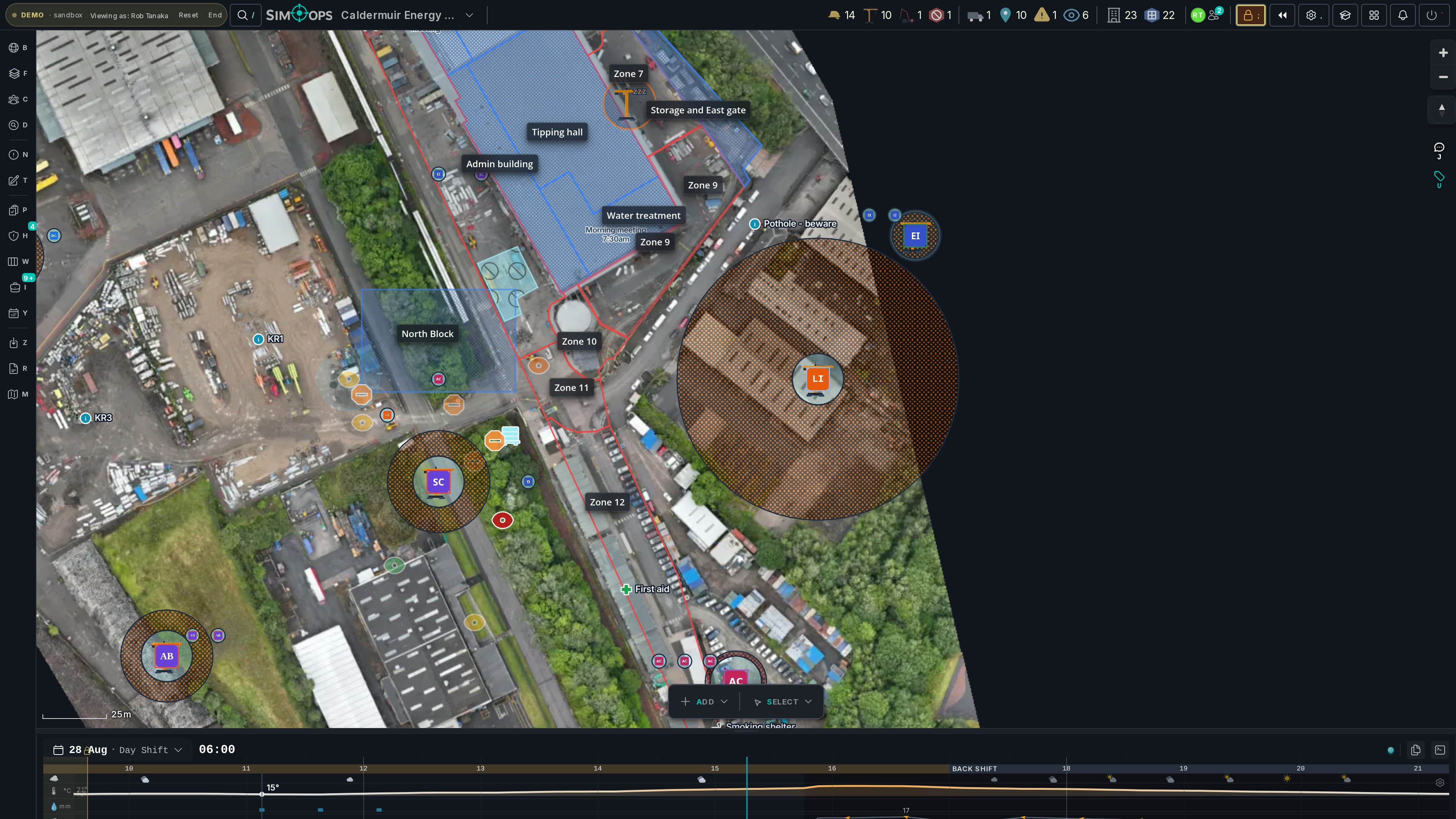 Two live sessions of the site map staying in sync as an entity moves