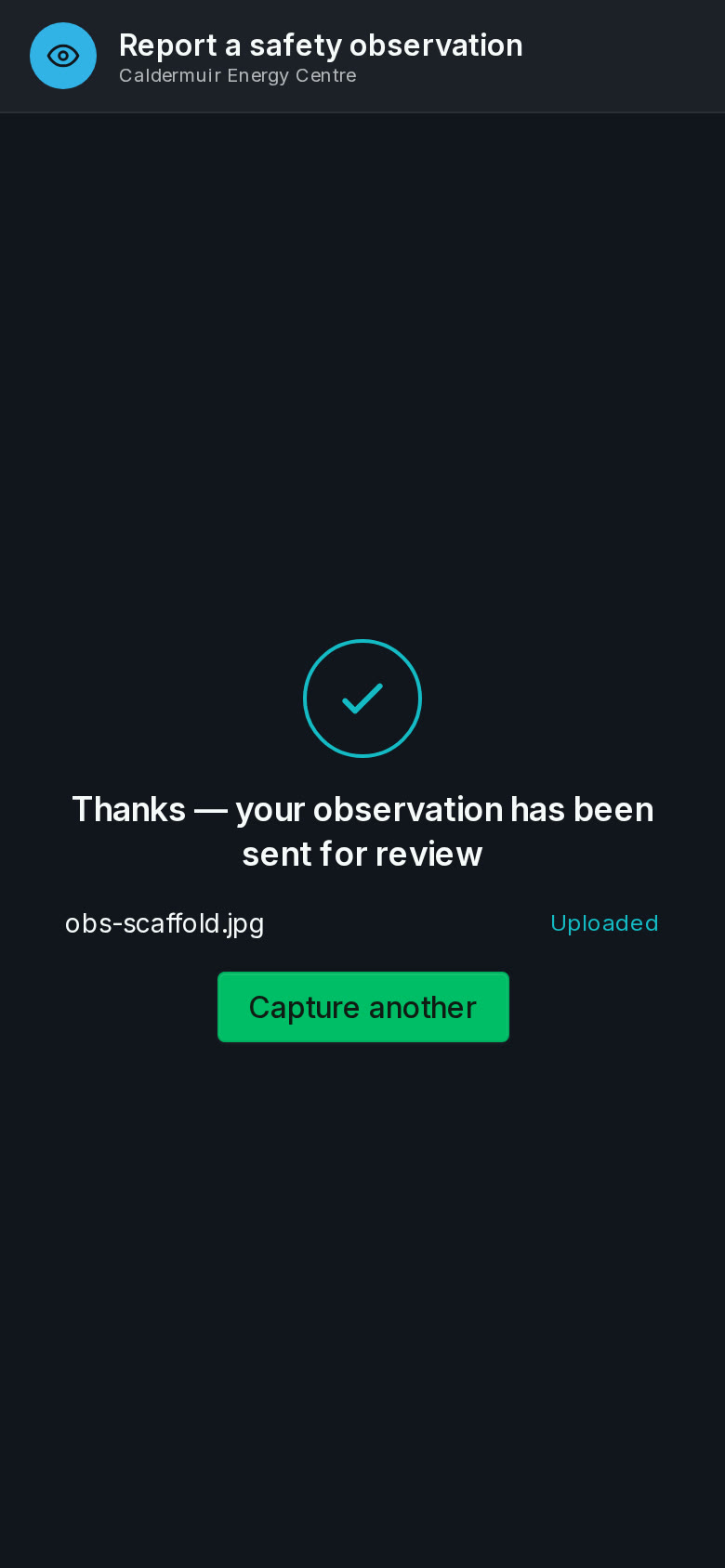 A phone reporting a hazard: scan, photo, severity tap-grid, submit